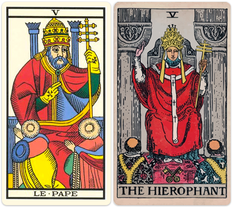 De Paus uit de Marseille tarot en De Hierofant uit de Rider Waite Smith tarot