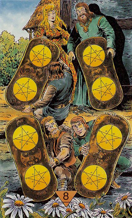 Tarotkaart 'Acht van Pentagrammen'