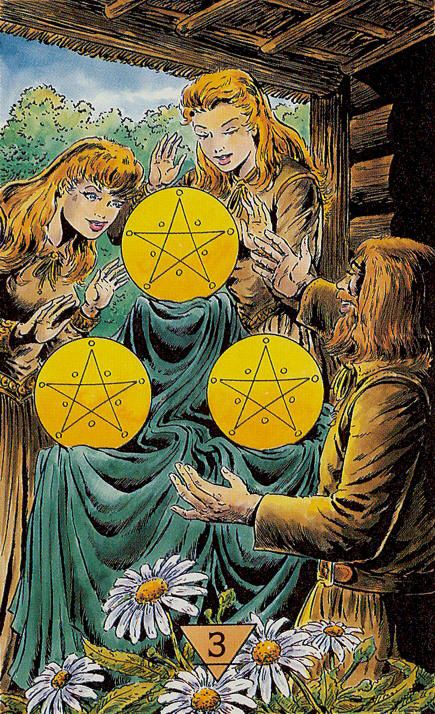Tarotkaart 'Drie van Pentagrammen'