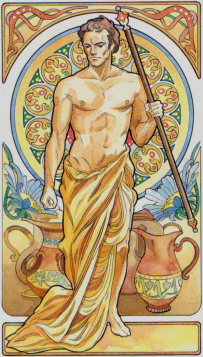 Tarotkaart 'Schildknaap van Staven'