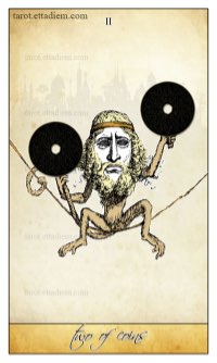 Tarotkaart 'Twee van Pentagrammen'