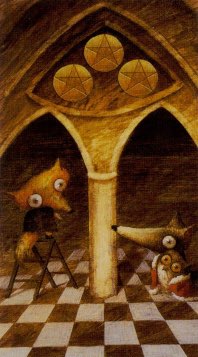 Tarotkaart 'Drie van Pentagrammen'