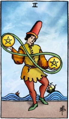 Tarotkaart 'Twee van Pentagrammen'
