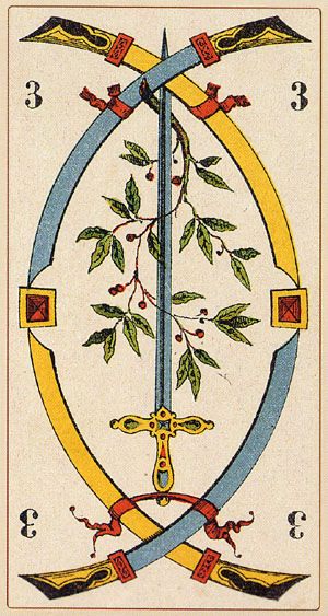 Tarotkaart 'Drie van Zwaarden'