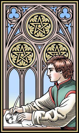 Tarotkaart 'Drie van Pentagrammen'