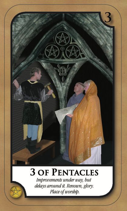 Tarotkaart 'Drie van Pentagrammen'
