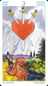 Tarotkaart 'Drie van Zwaarden'