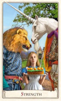 Tarotkaart "Kracht" (uit het tarotdeck "Alice in Wonderland")