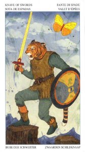 Tarotkaart 'Schildknaap van Zwaarden'