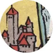 Closeup van het symbool Kasteel in de tarotkaart De Zegewagen