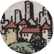 Closeup van het symbool Stad in de tarotkaart 